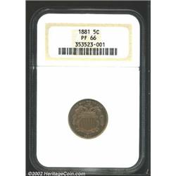 1881 5C PR66 NGC. Lovely rose and green-gray patina. A well struck Gem with flashy fields and imposi