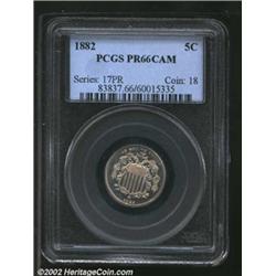 1882 5C PR66 Cameo PCGS. The devices have light gold patina. A well struck Gem with pleasing Cameo c