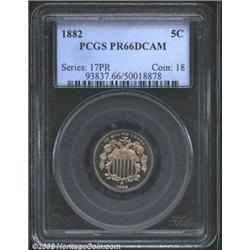 1882 5C PR66 Deep Cameo PCGS. Light streaky tan patina. The shield and mirrored field have deep whit