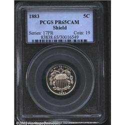 1883 5C Shield PR65 Cameo PCGS. Sharp definition with unusual, superbly mirrored fields seldom seen.
