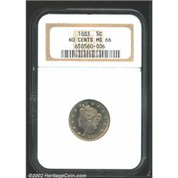 1883 5C No Cents MS66 NGC. Faint golden iridescence overlies this coin's brilliant fields. Only a fe