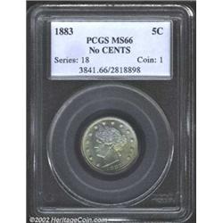 1883 5C No Cents MS66 PCGS. A light blue and yellow patina overlies the smooth surfaces of this coin