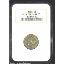 1883 5C With Cents MS65 NGC. The devices are fully developed and the surfaces lustrous beneath a haz