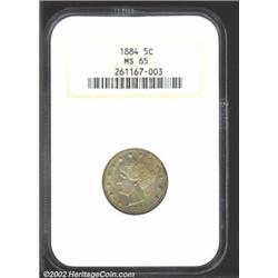 1884 5C MS65 NGC. Mottled russet toning with underlying luster and well defined details.From the Jim