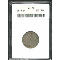 1885 5C VF30 ANACS. Rich silver-gray patina. LIBERTY is fully legible, while the hair curls below th