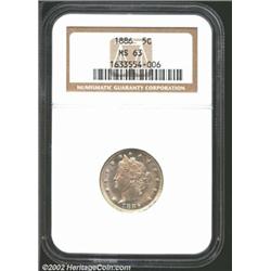 1886 5C MS63 NGC. Light gold patina. A lustrous coin that has immaculate surfaces. The portrait is b