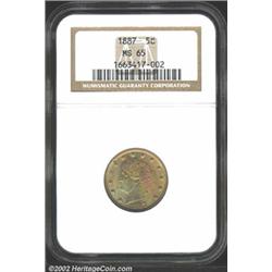 1887 5C MS65 NGC. Luxurious green-gold and violet patina. A lustrous Gem with exquisite surfaces and