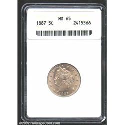 1887 5C MS65 ANACS. A lustrous Gem with light apricot gold patina and a typical strike. A couple of.