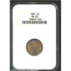 1891 5C MS65 NGC. The features are fully developed and both sides exhibit gold and steel-gray toning