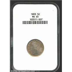 1893 5C MS65 NGC. A razor sharp strike with scattered russet patina and a few tiny marks consistent.
