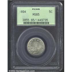 1894 5C MS65 PCGS. Lustrous specimen with a small faint streak of crimson behind Liberty's head. A f