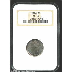 1896 5C MS65 NGC. Fully lustrous and bright with light greenish-gray patina. Surprisingly scarce in.