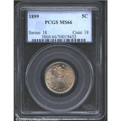 1899 5C MS66 PCGS. Gorgeous apricot-gold patina. A highly lustrous Gem that is well struck except fo