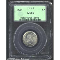 1901 5C MS65 PCGS. Steely grey with some light swirls of crimson and blue. Very pleasing surfaces wi