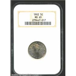 1902 5C MS65 NGC. Steel-blue and gold toning over full cartwheel luster with slight peripheral softn