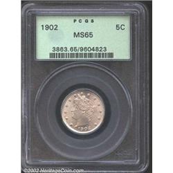 1902 5C MS65 PCGS. Bright, with full luster and golden-gray patina. The peripheral areas show slight