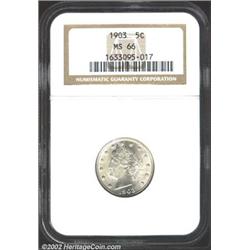 1903 5C MS66 NGC. The centers have faint speckles of silver-gray color. A well struck Gem with flash