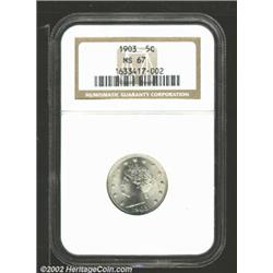 1903 5C MS67 NGC. A fabulous type coin that is brilliant throughout with sparkling, lustrous surface