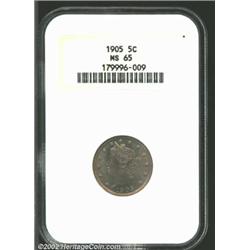 1905 5C MS65 NGC. Lustrous with lovely lilac and rose toning over each side.From the Jim Joyner Coll