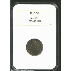 1912 5C MS65 NGC. Olive-golden toning covers each side with strong underlying mint frost.From the Ji