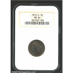 1912-D 5C MS64 NGC. Chestnut patina with flashes of crimson and blue. A couple of wispy abrasions on