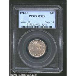 1912-S 5C MS63 PCGS. Dove-gray patina. The fields are well preserved, while the portrait has a coupl