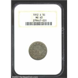 1912-S 5C MS63 NGC. This final-year branch mint example is warmly toned in tan-gray shades with mott