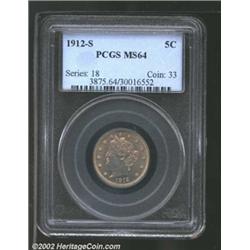 1912-S 5C MS64 PCGS. A rather prooflike near-Gem of this low mintage key date, which is also the fir