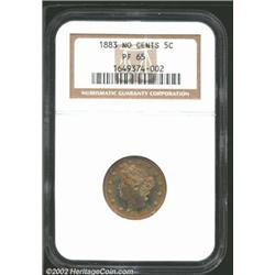 1883 5C No Cents PR65 NGC. Gloriously toned in rich shades of gold, violet, and sea-green colors. A.