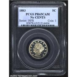 1883 5C No Cents PR65 Cameo PCGS. Almost flawless mirrors with well frosted devices. Far better stru