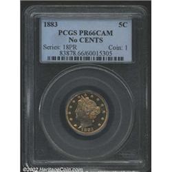 1883 5C No Cents PR66 Cameo PCGS. This first-year Gem is toned in warm olive-orange iridescence that