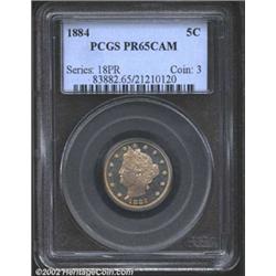 1884 5C PR65 Cameo PCGS. Pleasingly cameoed with a faint pearly crimson yellow patina. Population: 4