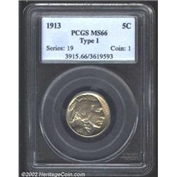 1913 5C Type One MS66 PCGS. Lovely peach patina with a few subtle flashes of blue. Somewhat softly s