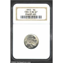 1913 5C Type One MS67 NGC. Lustrous with golden overtone. The reverse shows a somewhat pleasing oran