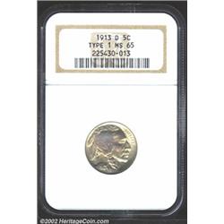 1913-D 5C Type One MS65 NGC. Champagne patina with a few subtle violet highlights. Somewhat softly s