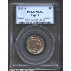 1913-S 5C Type One MS66 PCGS. Crimson and gold wash over the pleasing surfaces devoid of all but the