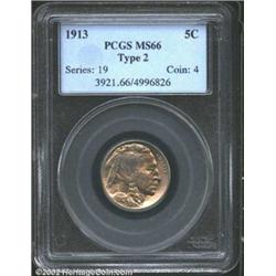 1913 5C Type Two MS66 PCGS. Gentle green-gray and lilac patina. The strike is not quite full in the.