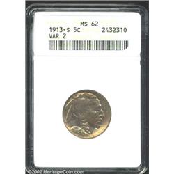 1913-S 5C Type Two MS62 ANACS. A green-gray example that also has blushes of peripheral golden-brown