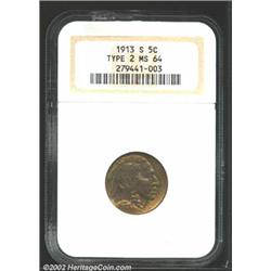 1913-S 5C Type Two MS64 NGC. Vivid sea-green, lilac, and orange patina. A lustrous and well preserve