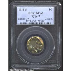 1913-S 5C Type Two MS66 PCGS. A very high grade and colorful example of this scarce early Buffalo Ni