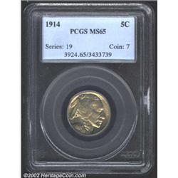 1914 5C MS65 PCGS. Attractive golden patina with a slight powder blue wash of color especially evide