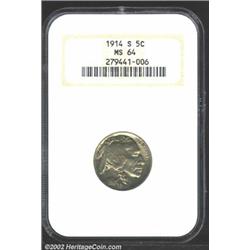 1914-S 5C MS64 NGC. Green-gray patina. A sharply struck near-Gem with rich luster and pleasing surfa