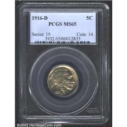 1916-D 5C MS65 PCGS. Rich green-gray and rose patina. A lustrous Gem with a slightly above average s