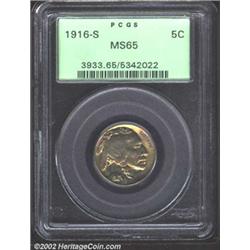 1916-S 5C MS65 PCGS. Iridescent violet, green-gold, and steel-blue colors, with scattered russet spe