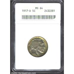 1917-D 5C MS64 ANACS. The margins have iridescent bands of gold, green, and rose-violet color, while