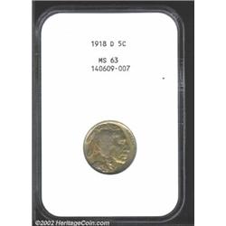 1918-D 5C MS63 NGC. Slightly weak in the central areas with scattered russet toning and a noticeable