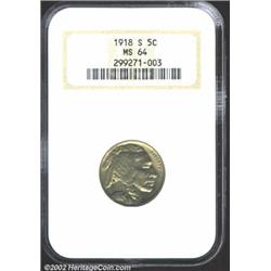 1918-S 5C MS64 NGC. The 1918-S is a scarce issue above VF, and Uncirculated pieces are rated as R.4.