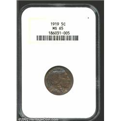 1919 5C MS65 NGC. Sharply defined with mottled golden-russet and ice-blue toning. The surfaces are f