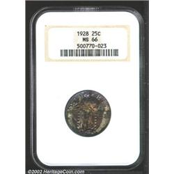1928 25C MS66 NGC. The obverse has dense green, silver-gray, and ruby-red patina, while the reverse.