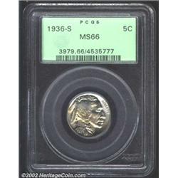 1936-S 5C MS66 PCGS. Icy patina with a few small areas of peach wash. A few small toning spots, but.